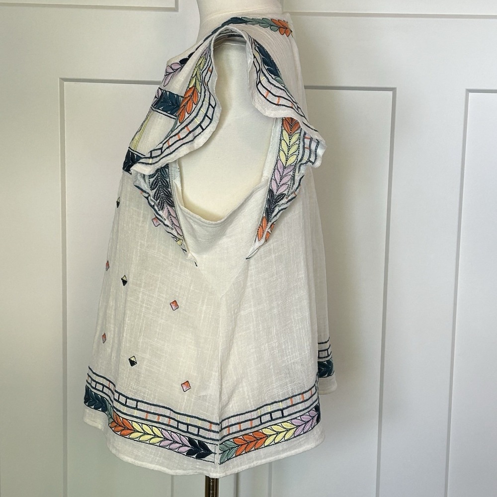 En Créme Embroidered Blouse - Women's LARGE- Flutter Sleeves Boho Cottagecore - Picture 4 of 9